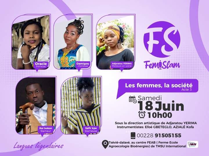 Bokon_Gagnon's tweet photo. Après le Goethe-Institut de Lomé, la Team #Femislam débarque avec son spectacle dans la ville de Tsévié ce samedi 18 juin 2022 à partir de 10h au Centre FEAB de TMSU International
FemiSlam dans ses entrailles✨
#TgTwittos #SlamBéton #SlamIsLove #CIV225 https://t.co/MAAeGTvQdx
