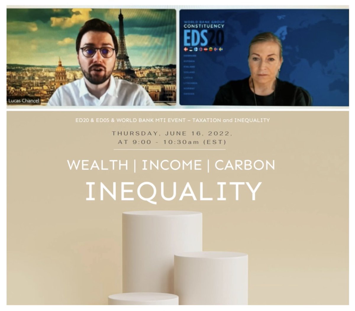 Insightful discussion with economist & professor @lucas_chancel on wealth, income and carbon inequalities at the @WorldBank 🙏@MarcelloEstevao, Global Director, Worldbank & Michael Krake, Executive Director, Germany. Check #WorldInequality Report 2022 wir2022.wid.world