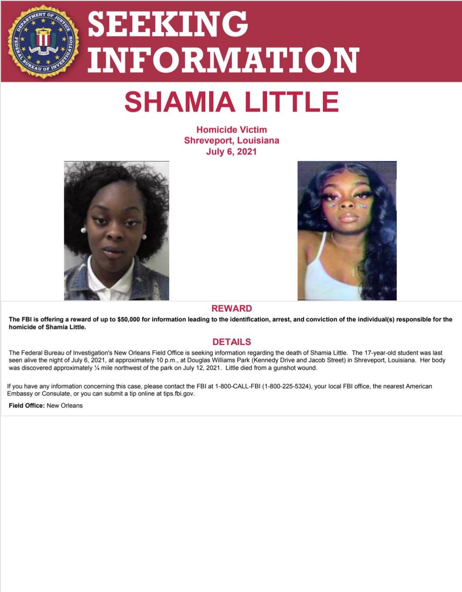 The #FBI is Offering a Reward of up to $50,000 for Information Related to the Death of Shamia Little. If you have any information related to the homicide of Shamia Little, please call 1-800-CALL-FBI (1-800-225-5324), or submit a tip at  tips.fbi.gov