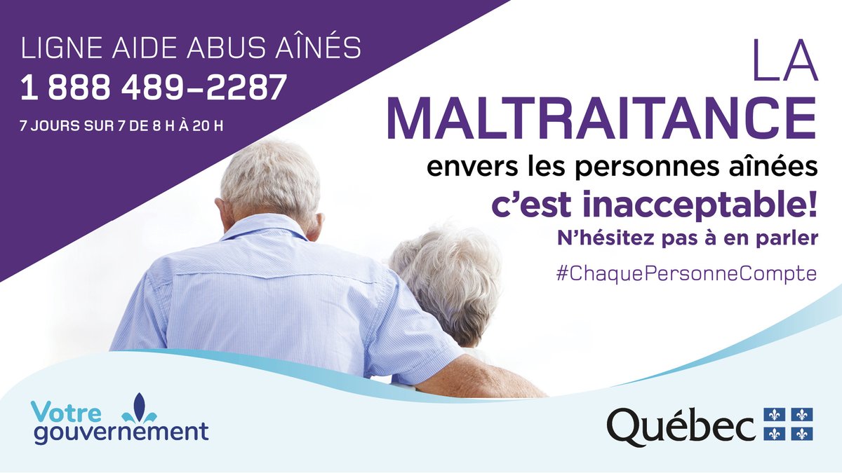 Chaque année, le 15 juin est la 𝗝𝗼𝘂𝗿𝗻𝗲́𝗲 𝗺𝗼𝗻𝗱𝗶𝗮𝗹𝗲 𝗱𝗲 𝗹𝘂𝘁𝘁𝗲 𝗰𝗼𝗻𝘁𝗿𝗲 𝗹𝗮 𝗺𝗮𝗹𝘁𝗿𝗮𝗶𝘁𝗮𝗻𝗰𝗲 𝗱𝗲𝘀 𝗽𝗲𝗿𝘀𝗼𝗻𝗻𝗲𝘀 𝗮̂𝗴𝗲́𝗲𝘀. 🫶Agissons ensemble pour contrer la maltraitance et promouvoir la bientraitance! 

Besoin d’aide? 👉 1 888 489-ABUS