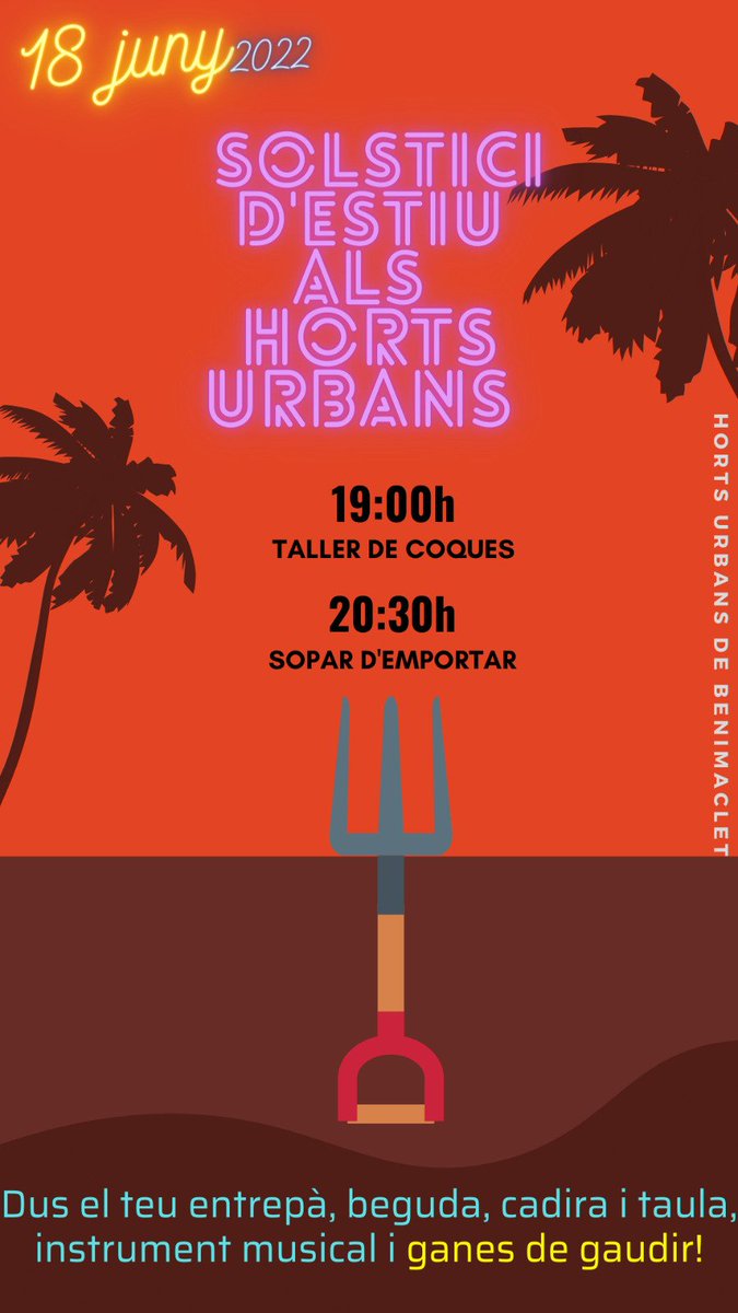 Este próximo sábado  los Huertos Urbanos Vecinales Autogestionados de Benimaclet celebran la Fiesta del Solsticio de Verano.
Y lo celebra a escasos meses de cumplir sus primeros 10 años de vida
.<a href="/SanGomezLopez/">Sandra Gómez/💜</a> 
.<a href="/joanribo/">Joan Ribó</a> 
.<a href="/levante_emv/">Levante-EMV</a> 
.<a href="/FedVeinalVLC/">Federació d'Associacions Veïnals de València</a>