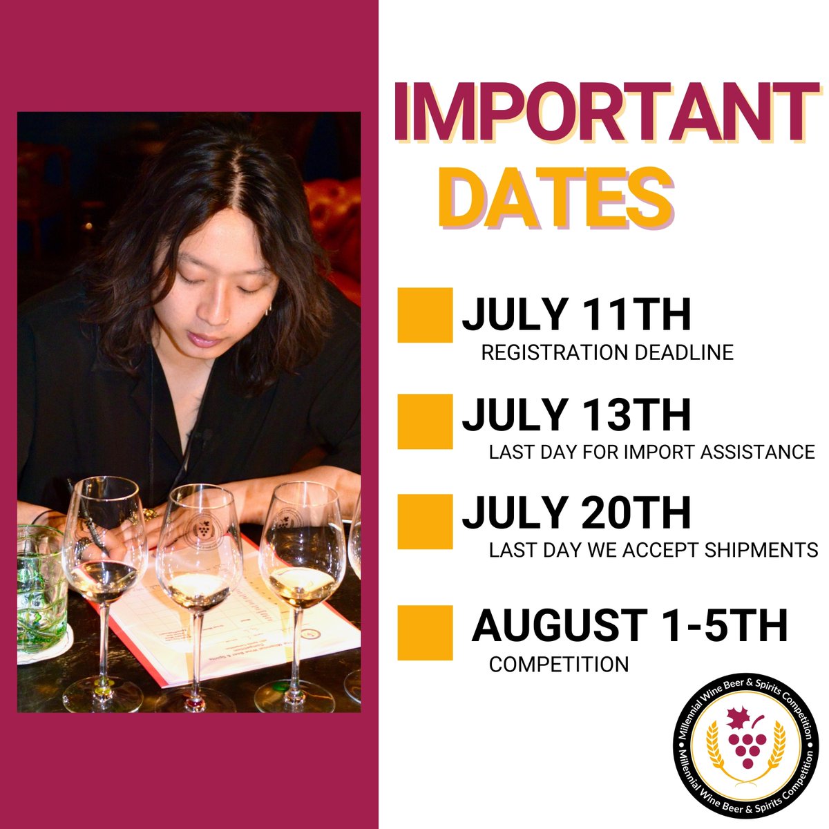 MillennialComp's tweet photo. Less than a month until registration closes! Here are some important dates you need to know. Have you signed up for our competition? Register your wines and spirits today! #mc2022

Wine: https://t.co/O8atXtnHr7
Spirits: https://t.co/XpnW5sF4ML https://t.co/IK3Bx5qjtD