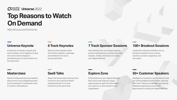 #MicroFocusUniverse is only available for a few more days--register today to get access to start solving your digital dilemma, with access to product deep dives, roadmap sessions, customer success stories and more. microfocus.com/en-us/events/u…