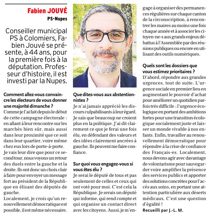 Merci à la <a href="/ladepechedumidi/">La Dépêche du Midi</a> de m'avoir donné la parole dans son édition de ce matin, comme à ma concurrente de droite, pour présenter les principales propositions à ses lecteurs et de faire, ainsi, vivre la démocratie, le pluralisme et le débat. #NUPES