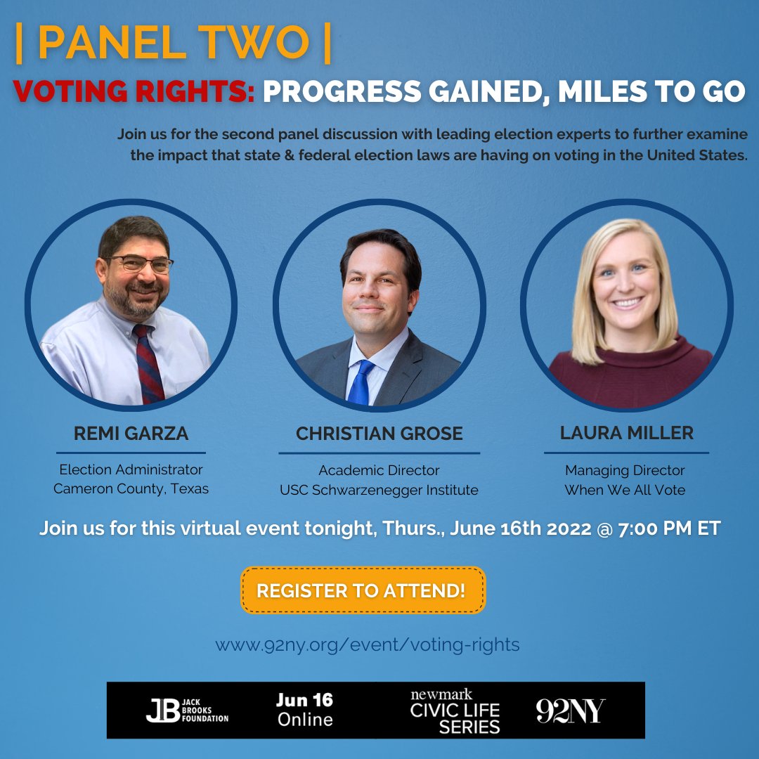 JackBrooksToday's tweet photo. REGISTER NOW 📲 https://t.co/7V9PmQgv66  

Thank you, @christiangrose,  Remi Garza &amp; @ms_lauramiller for participating in the conversation about the impact #state + #federal #electionlaws have &amp; what it all means for #thefutureofvoting in the 2022 midterms! 

#JackBrooksAward https://t.co/2olBJowLgz