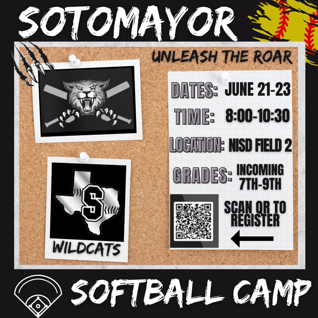 🥎 Sotomayor Softball Camp 🥎 
     📱 REGISTER TODAY 🚨 
#UnleashTheRoar #SotoCats

northsideisd.hometownticketing.com/embed/all?scho…