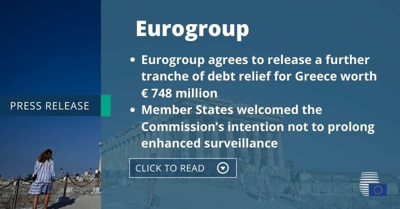 EUCouncilPress's tweet photo. #Eurogroup paves way to end of 🇬🇷 #Greece’s enhanced surveillance and confirms release of further tranche of debt measures.

👇 Press release
