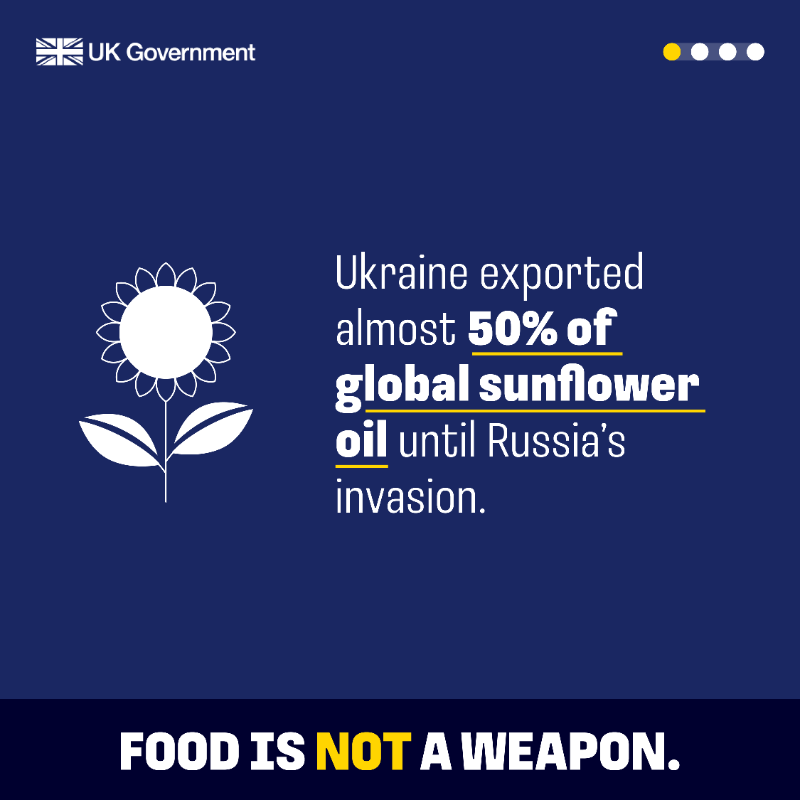 FCDOGovUK's tweet photo. Food should never be a weapon. The poorest and most vulnerable should not starve because of The Kremlin’s war of choice and territorial ambition.

The world must stand united in calling an end to the attack on global food chains.

#FoodIsNotAWeapon