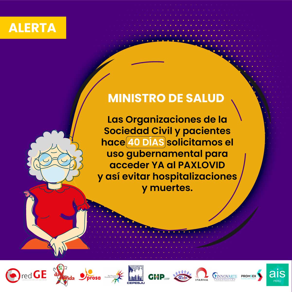 RedGEPeru's tweet photo. ¡YA SON 40 DÍAS! señor ministro @JorgeLopez_P. Merecemos una respuesta clara y concisa sobre el uso de este medicamento. No más hospitalizaciones y muertes por #COVID-19.
@Minsa_Peru
#PaxlovidAhora #AccesoYA https://t.co/k8l1dprHVl