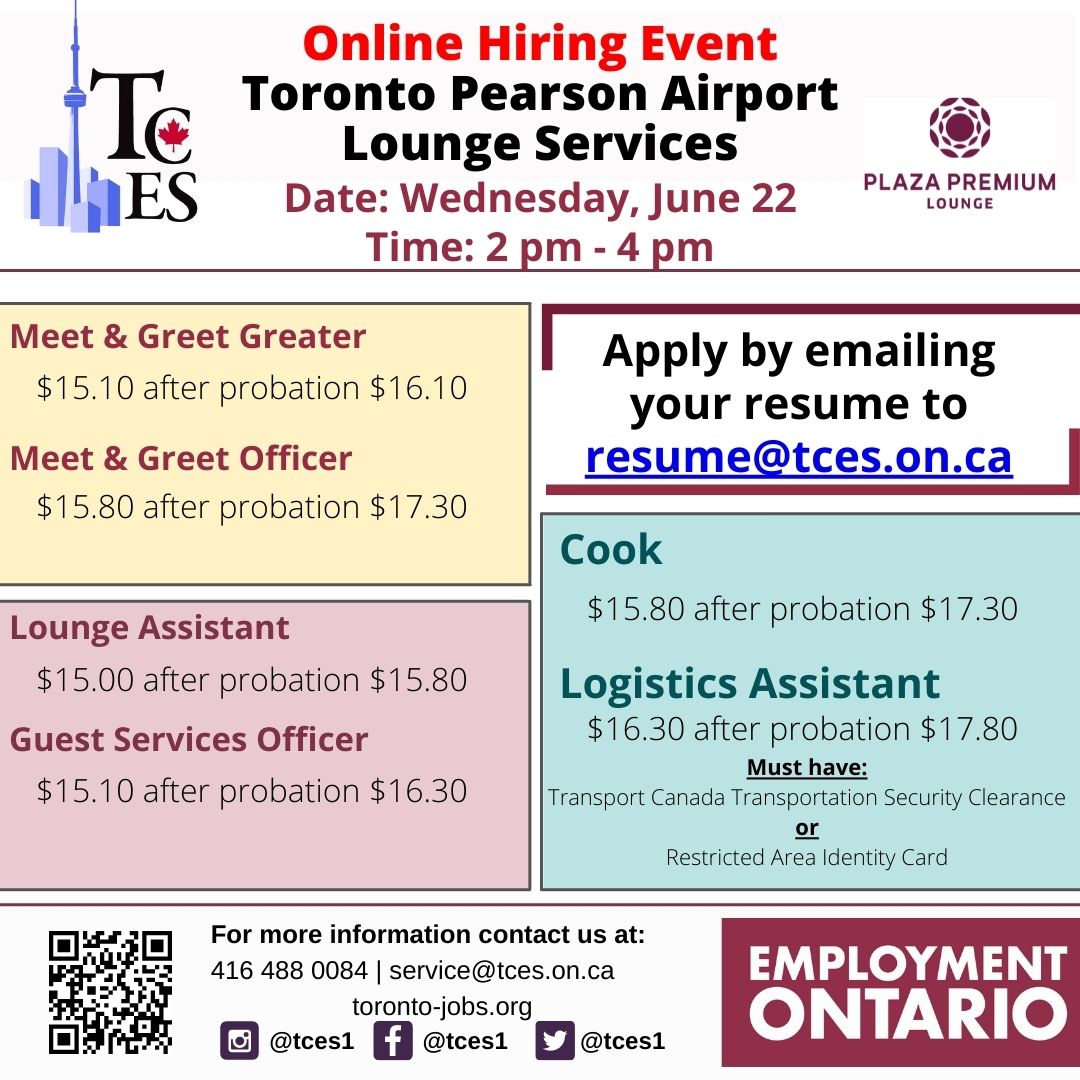 TCES1's tweet image. Online #JobFair for Plaza Premium Lounge at Toronto Pearson Airport #yyz happening on Wed June 22 2-4pm

#hiringevent #torontojobs #employmentontario #torontoemployment #mississauga #toronto #peel #etobicoke #6ix