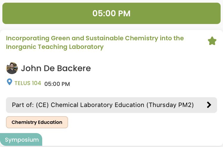 Interested in incorporating green chemistry into your undergraduate teaching labs? Come see my #CCCE2022 talk at 5 pm TODAY describing our approach - no inorganic background required!! #CSC2022