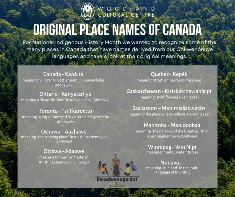 The Dwadwęnaga:da:t Language Centre wanted to share some of the many places in Canada that have names derived from our Onkwehón:we languages and take a look at their original meanings. 

Retweet to celebrate National Indigenous History Month this June #NIHM2022