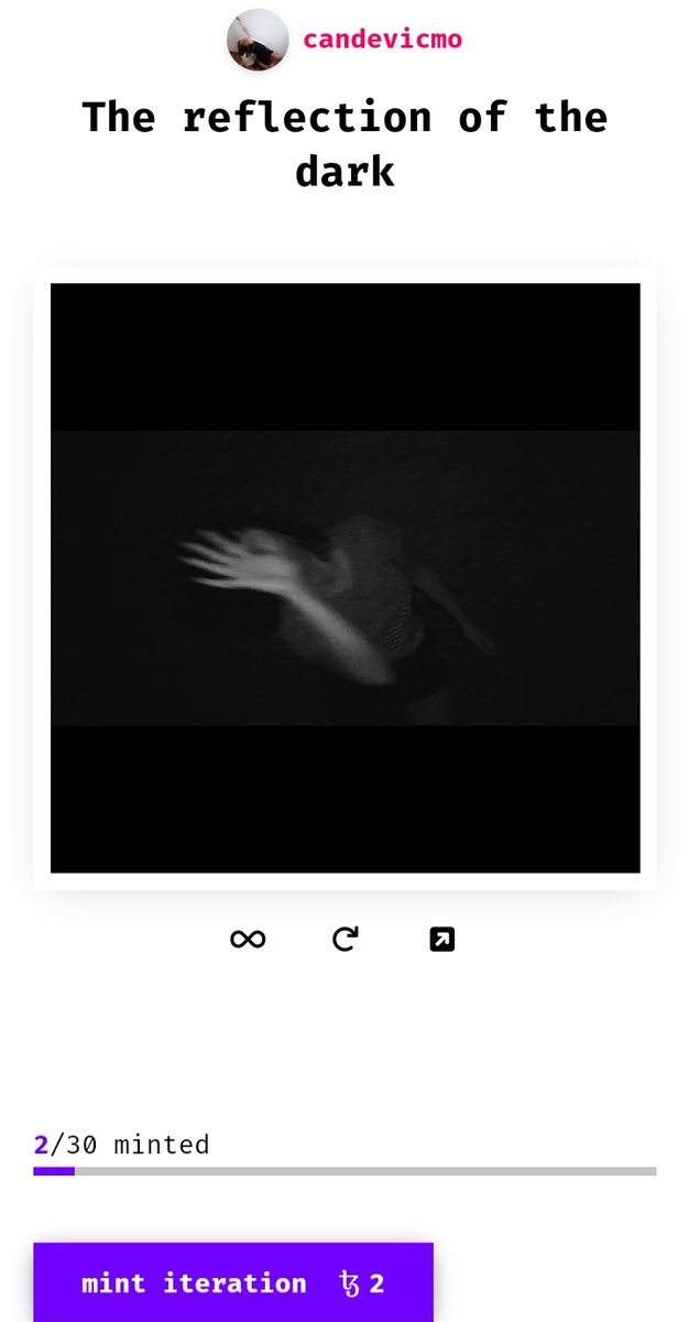 Candevicmo's tweet photo. "The reflection of the dark", 30ed 2tez.
My new NFT work of generative dance is now available, on @fx_hash_ 
I hope you like it. 《♡•♡》
https://t.co/XA0zpkaRmu

#fxhash #NFTs #tezos #dance #expresioncorporal #colection #tezos4tezos #NFTCommunity #NFTartist #tezosart https://t.co/9iA4WGV4Wy