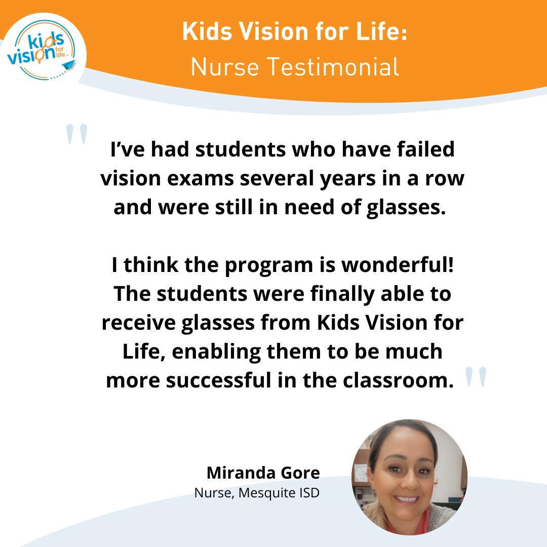 School nurse Miranda Gore loves helping her students, but she’s frustrated when those who struggle to see clearly don’t have the glasses they desperately need. 

Thank you for being a hero to your students and being Kids Vision for Life advocate! 💙