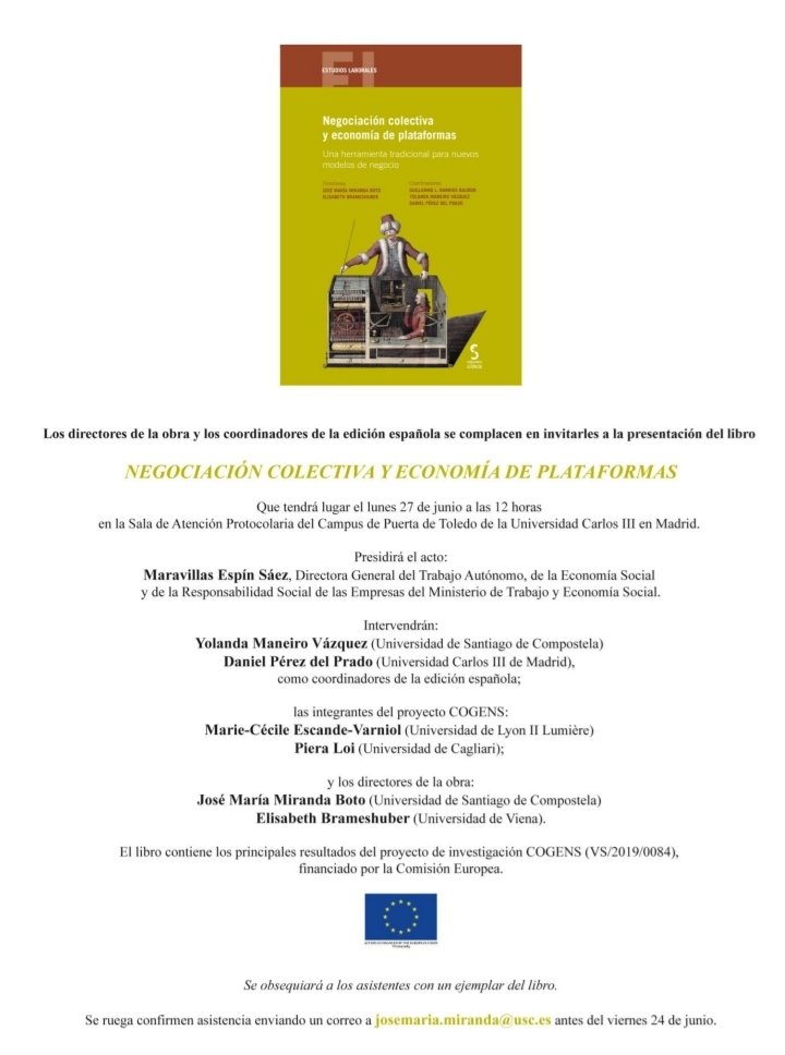 📖 Presentación del libro "Negociación colectiva y economía de plataformas

📅 27 de junio
📍Campus de Puerta de Toledo de <a href="/uc3m/">UC3M</a> 

👥 Intervendrán <a href="/Mavi_Espin_Saez/">Maravillas Espín</a> y los miembros del grupo @COGENS2019 

👇Información y confirmación de asistencia