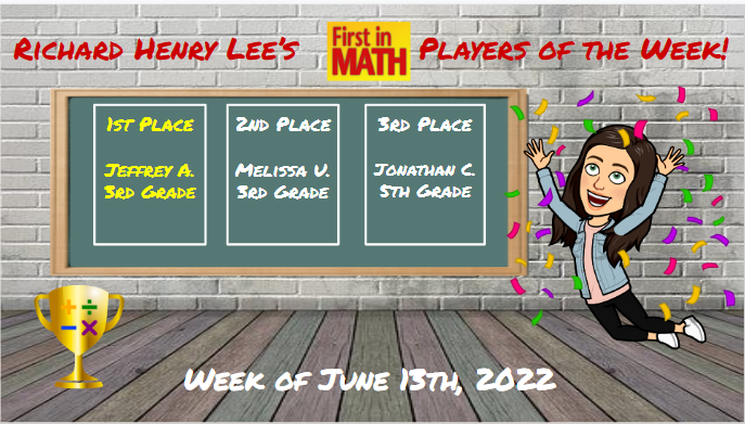 RHLeeMath's tweet photo. Congratulations to our top three teams of the week and our top three students for the week of June 13th! Keep up the great work!! 
@RHLeeESAACPS @AACPS_PK5Math @FirstInMath https://t.co/TXsT9NdxNz