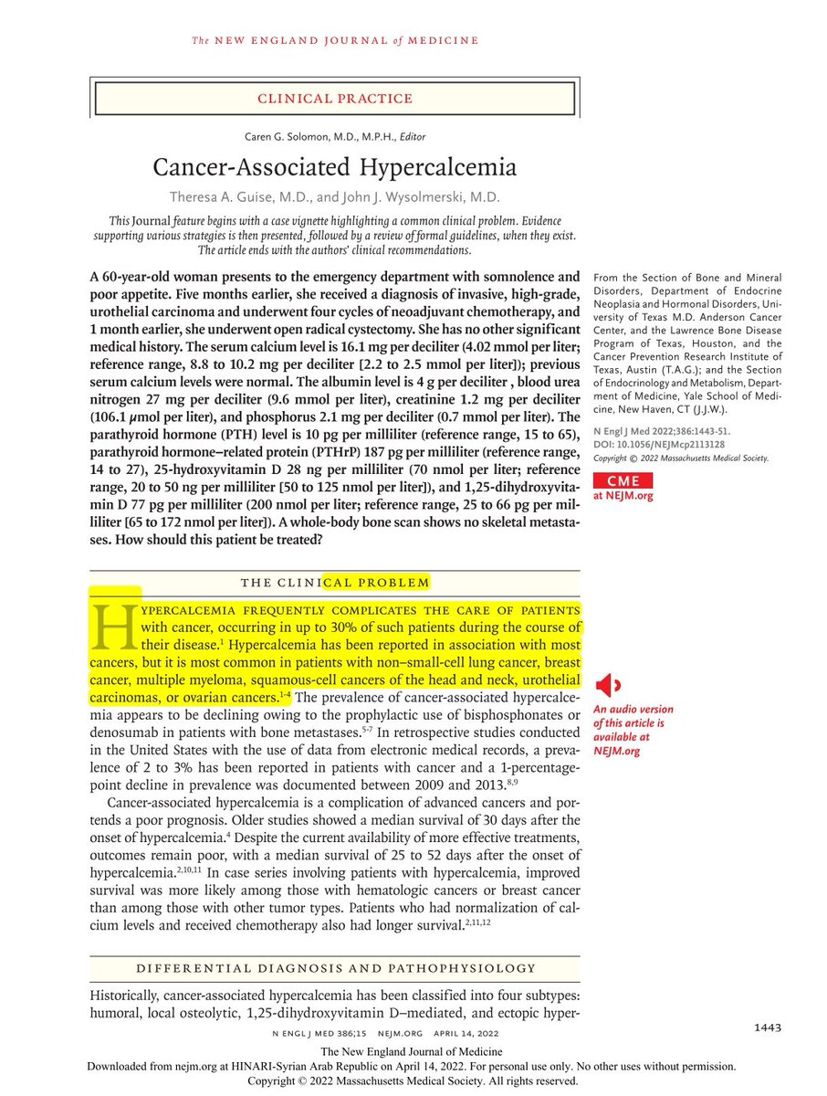 Los 6 tipos de cáncer más asociados a hipercalcemia:

1-Células NO pequeñas (🫁)
2-Mama
3-Mieloma múltiple
4-Células escamosas (piel; cabeza y cuello) 
5-Carcinoma urotelial (vejiga)
6-Ovario.