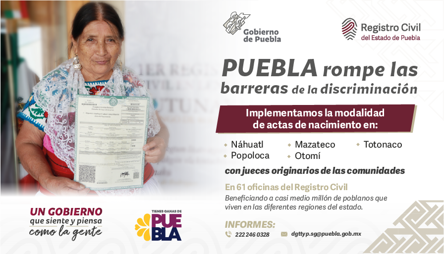 Gob_Puebla's tweet photo. Puebla camina en la vanguardia de atención a comunidades indígenas y disminución de la discriminación con la expedición de actas de nacimiento y apertura de 61 oficinas del @RCivilPuebla en lenguas originarias. https://t.co/srUZiakx96