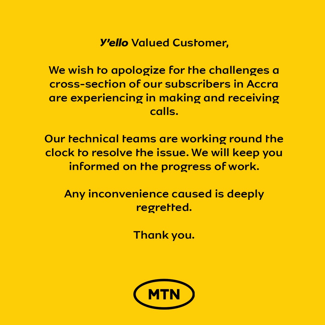 MTNGhana's tweet image. Y'ello Valued Customer,

We apologize for the challenges a cross-section of you in Accra are experiencing in making and receiving calls. We are working round the clock to resolve the issue.

Any inconvenience caused is deeply regretted. Thank you. #GoodTogether