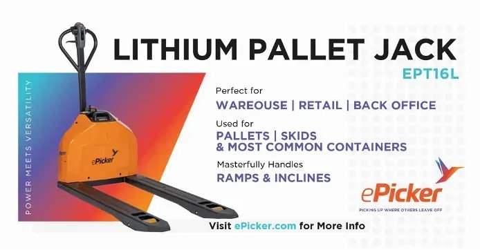 ePickerLifts's tweet image. The EPT16L is designed to easily maneuver in and out of locations with a 3,300 lb. capacity and a 24V drop-in lithium pack that can be quickly exchanged for continuous runtime. Visit buff.ly/3mZKF3R to get yours today. #ePicker #palletjack