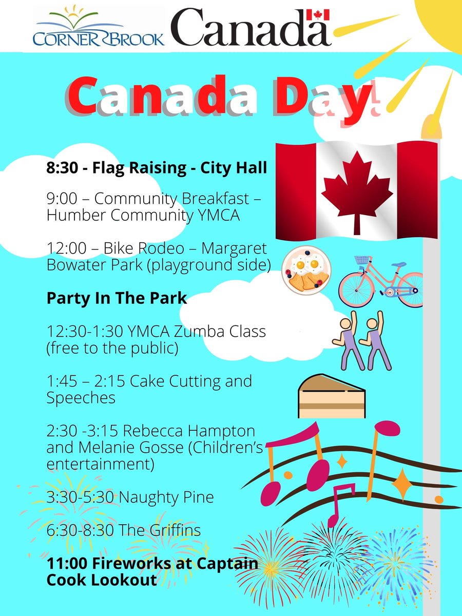We've got a full schedule of amazing events lined up for Canada Day this year!

Following a flag raising we're enjoying a breakfast at the YMCA, then it's a delightful party in the park at Margaret Bowater Park. See here for the full list, and times!

cornerbrook.com/2022/06/canada…