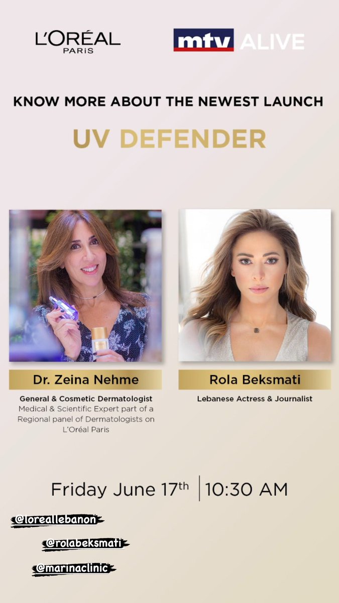 Zeina Nehme (@zeinanehmemd) on Twitter photo Stay tuned to @mtvlebanon tomorrow 17 June at 10:30 AM to hear about the damaging effects of the sun and how to protect your skin. <a href="/RolaBeksmati/">Rola Beksmati | رولا بقسماطي</a> <a href="/LOrealGroupe/">L'Oréal Groupe</a> Stay tuned to @mtvlebanon tomorrow 17 June at 10:30 AM to hear about the damaging effects of the sun and how to protect your skin. <a href="/RolaBeksmati/">Rola Beksmati | رولا بقسماطي</a> <a href="/LOrealGroupe/">L'Oréal Groupe</a>