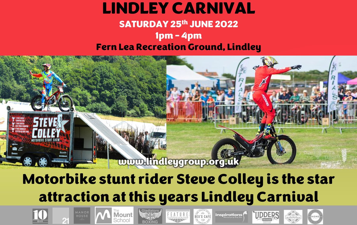 LINDLEY CARNIVAL STAR ATTRACTION

Motorbike stunt rider Steve Colley is the star attraction at this years #LindleyCarnival

The skills of motorcycle trials rider Steve have to be seen to be believed. He can do things with motorcycles that we mere mortals would consider impossible