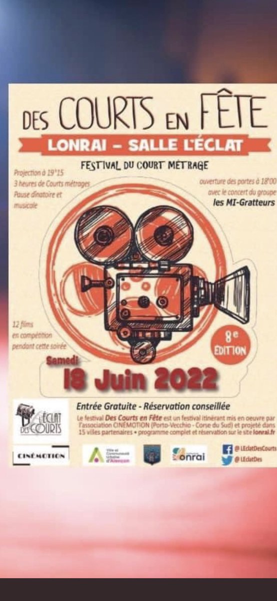 Samedi rendez vous dès 18h pour l’ouverture du festival des courts en fête 🎬 les mi ´ gratteurs vous accueilleront en musique 🎵 projection 19h15
