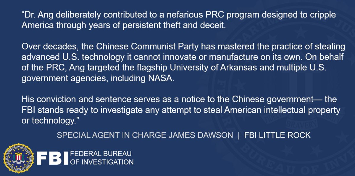 #BREAKING Former University of #Arkansas professor Simon Ang was just sentenced to 12 months for lying to #FBI Little Rock agents about his work on behalf of the People's Republic of #China. More info about the Ang's criminal conduct here: ow.ly/cHiw50Jzpc5 #ARnews