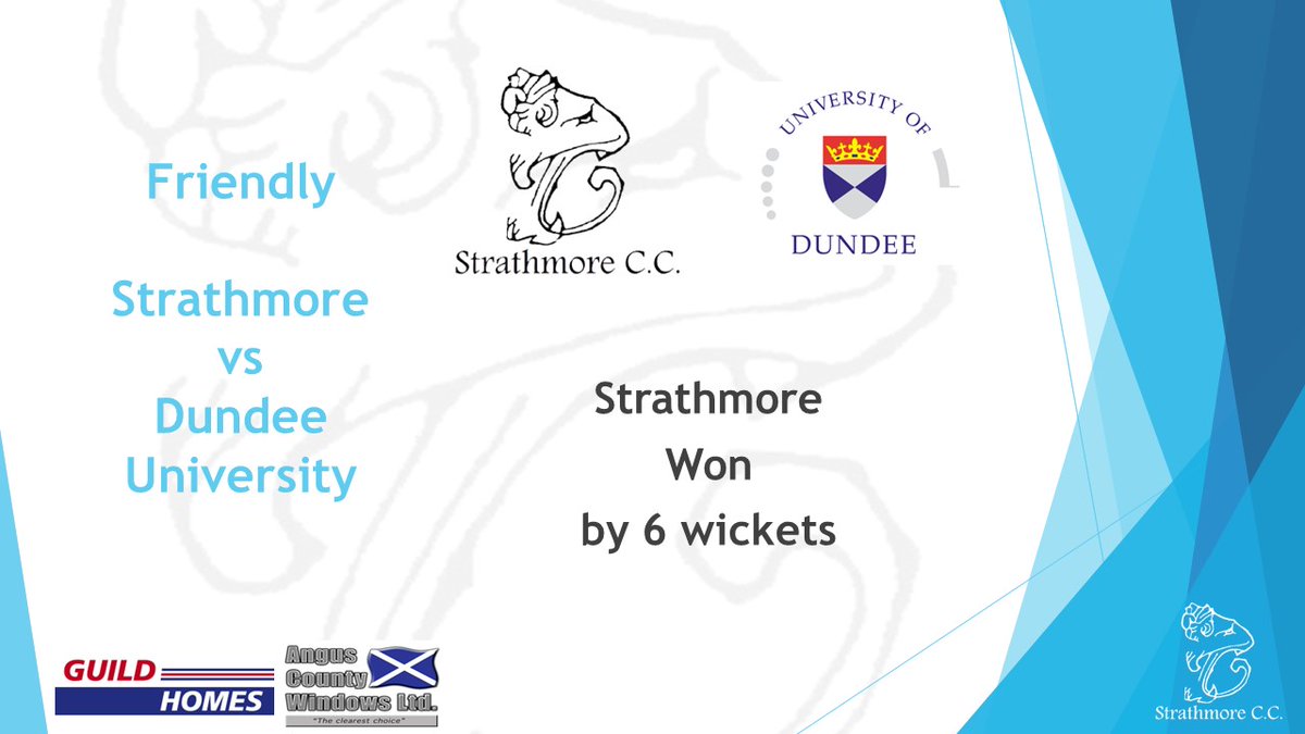 strathmore_cc's tweet photo. 🗣️| Another composed knock from Tiaan guided us over the line in the 19th over as dusk fell on tonight's friendly at Lochside.

@DundeeUniCC ▶️ 153 all out (A. Asurlekar 51*)
Strathmore ▶️ 156 for 4 (T. Brits 97*; C. Lynch 3-18)

Strathmore won by 6 wickets https://t.co/jfNj6G8KpT