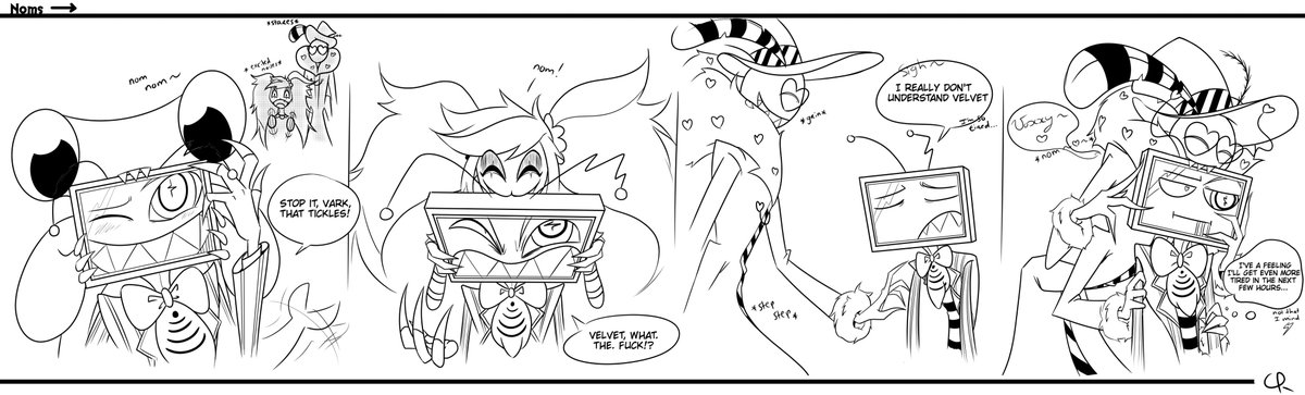 CPR_K1's tweet photo. Panel Comic 2: VVV Noms!

Enjoy Vark, Velvet and Valentino nomming our TV overlord Vox. 

*noms*

#HazbinHotel #Vark #hazbinhotelvelvet #HazbinHotelVox #HazbinHotelValentino #StaticMoth https://t.co/BPQ0Q0qMoy