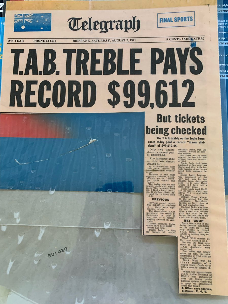 placepunter's tweet photo. How I yearn for the days of massive treble pools and minimal rake by the TAB. Just 50years ago. Photo courtesy @GleesonTbreds https://t.co/ERGKM2HgM4