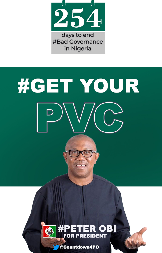 Countdown4PO's tweet photo. @PeterObi for 2023. 
Every other voice to the contrary is a distraction!
#PeterObiForPresident2023 #WeNoDeyGiveShishi  #LabourParty4PeterObi #Countdown4PO https://t.co/GhWARJZsbX