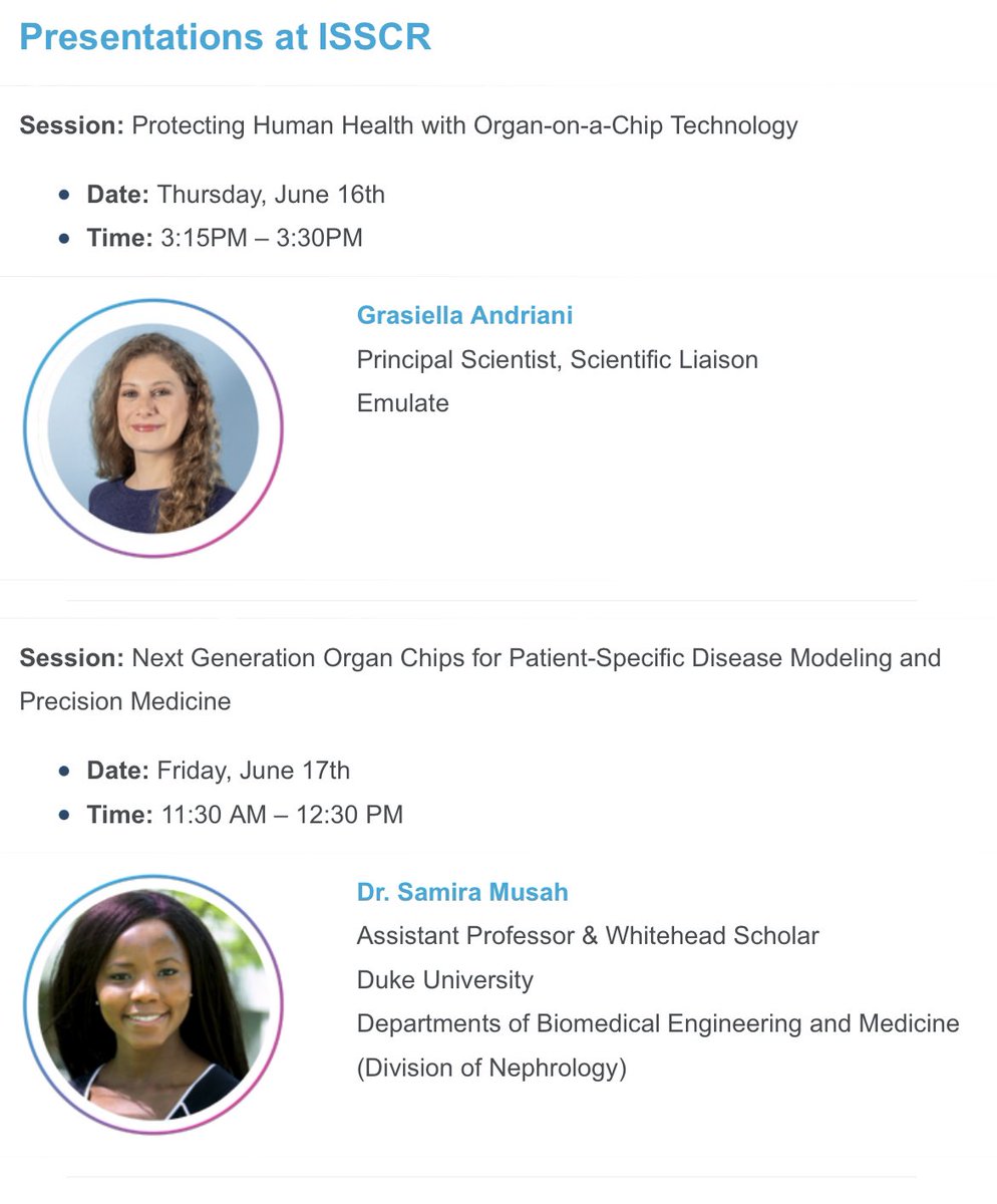 At #ISSCR2022 and interested in applications of #organsonchips for stem cell bio, tissue/organ development, patient-specific disease modeling & drug discovery? Join us at the #innovation talks by @emulateinc (today, 3:15 pm) & me (Friday, 11:30 am, room 2011) @MusahLab #MPS