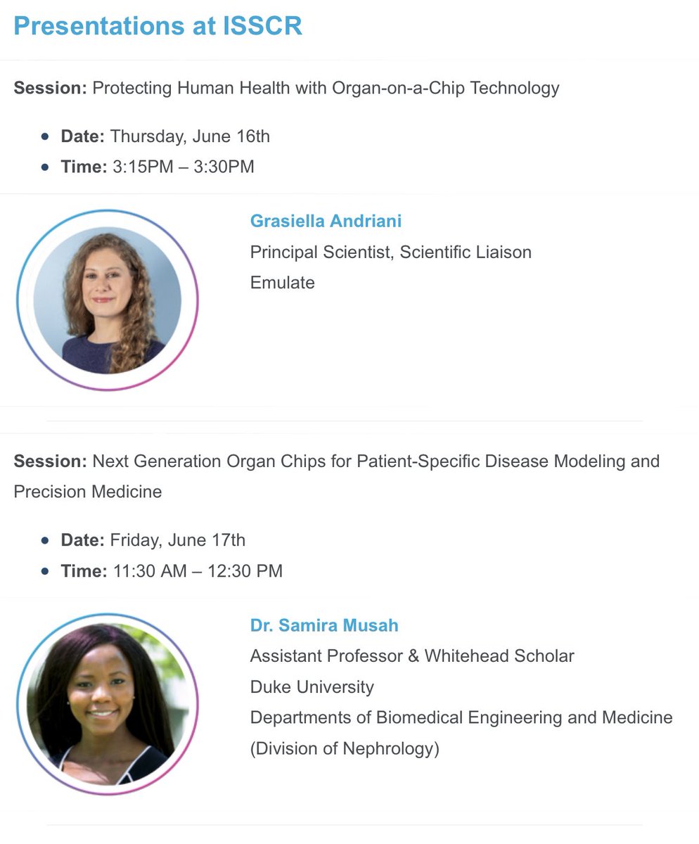 Samira Musah (@profsamiramusah) on Twitter photo At #ISSCR2022 and interested in applications of #organsonchips for stem cell bio, tissue/organ development, patient-specific disease modeling & drug discovery? Join us at the #innovation talks by <a href="/emulateinc/">Emulate, Inc.</a> (today, 3:15 pm) & me (Friday, 11:30 am, room 2011) <a href="/MusahLab/">Musah Lab at Duke University</a> #MPS At #ISSCR2022 and interested in applications of #organsonchips for stem cell bio, tissue/organ development, patient-specific disease modeling & drug discovery? Join us at the #innovation talks by <a href="/emulateinc/">Emulate, Inc.</a> (today, 3:15 pm) & me (Friday, 11:30 am, room 2011) <a href="/MusahLab/">Musah Lab at Duke University</a> #MPS