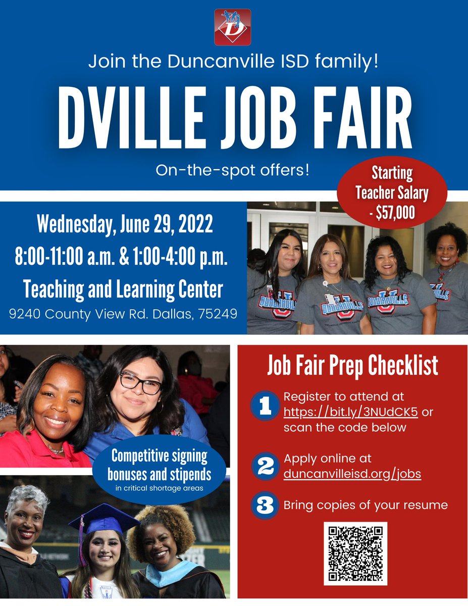 DuncanvilleISD's tweet photo. Come join the Duncanville ISD family! We are hiring for teachers and more at our next Job Fair on June 29. Register to attend at https://t.co/NpnHdZWBaV. #Dville #CityofChampions https://t.co/elRu6rxHpW