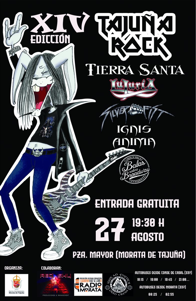 Tajuña Rock 2022 (Morata de Tajuña)
Tierra Santa (presentando nuevo disco) + Lujuria + Silver Fist (presentando nuevo disco) + Ignis Anima + Balas para Broadway. SABADO 27 DE AGOSTO