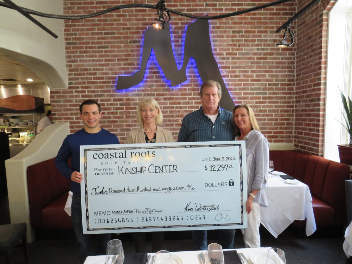 Your takeout orders from Tarpy's, Montrio & Rio Grill made this donation possible!⁠ Coastal Roots Hospitality presented Kinship Center with a check for $12,297.21. Thank you, Coastal Roots Hospitality, for embodying the most important values of community! #PickItUpPayItForward