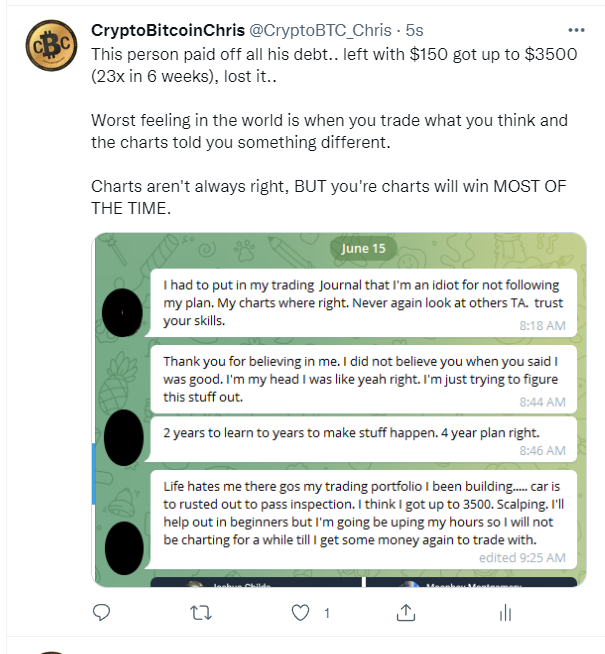 CryptoBTC_Chris's tweet photo. I told him.. can't be mad at being out of debt.  #DebtFreeLifestyle Shake it off.. this market will get a lot better. https://t.co/oQGI3vj4Mj