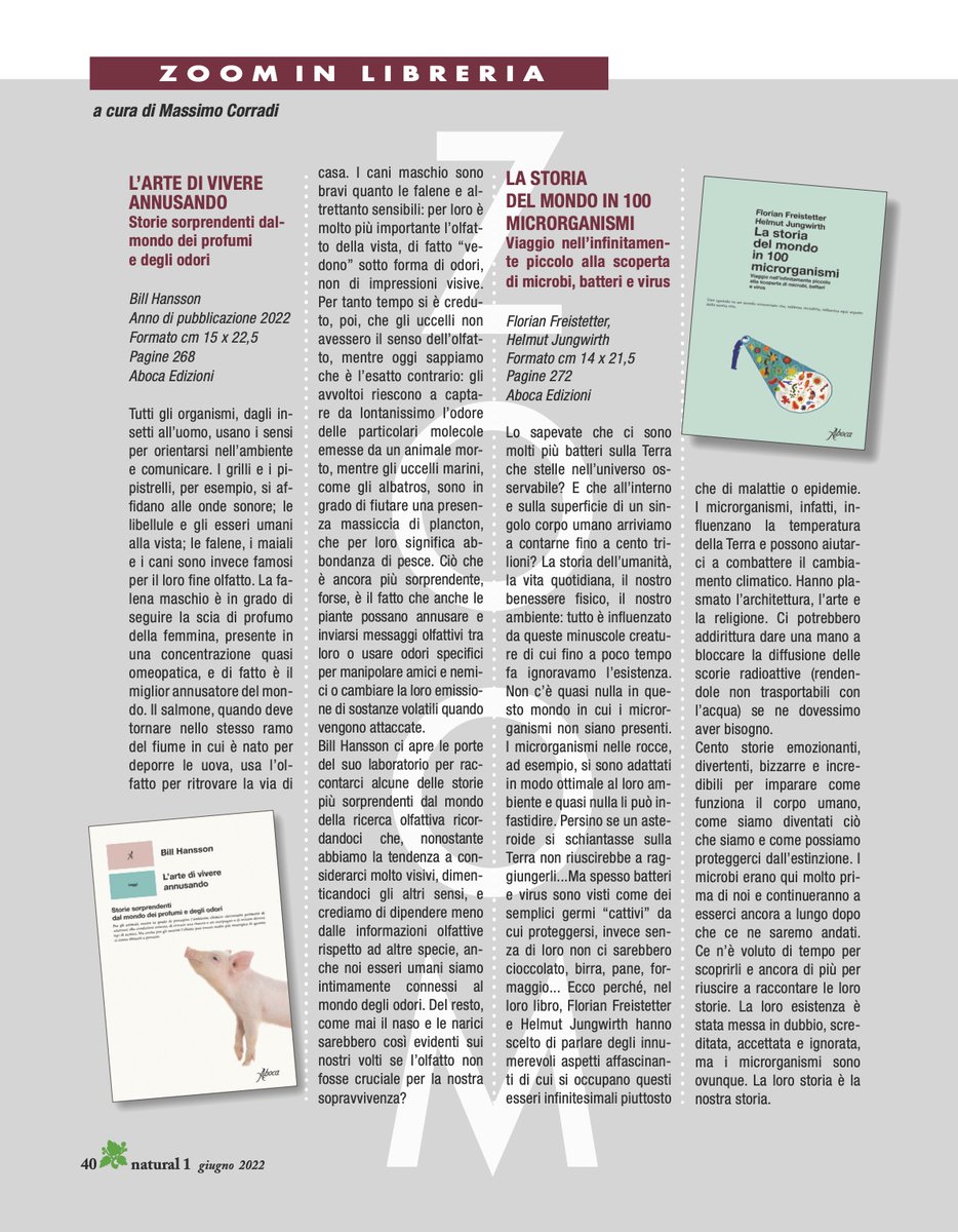 Natural1online's tweet photo. ZOOM IN LIBRERIA
Recensioni sull'editoria di settore. I consigli di lettura di Natural1 di Giugno 2022:
-L'arte di vivere annusando (Bill Hansson)
-la storia del mondo in 100 microrganismi (Florian Freistetter, Helmut Jungwirth)
https://t.co/KanmLRrcuK https://t.co/kheY627E4v