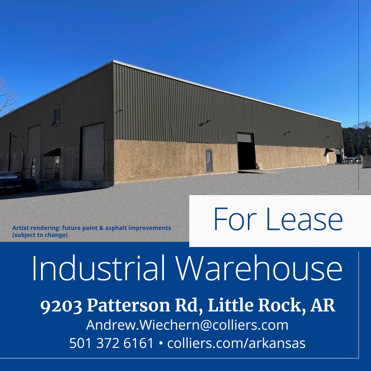 Colliers_AR's tweet photo. Industrial warehouse near 65th St.-soon to be renovated! 26' ceiling height, 3 dock high & 2 drive-in doors. Inc. sales counter, showroom, breakroom, 3 offices. Quick I-30 access. Andrew.Wiechern@Colliers.com or 501-372-6161 https://t.co/fxlsuAKr9X #ColliersAR #LoveLR #Industrial https://t.co/JR0gCB3kPt