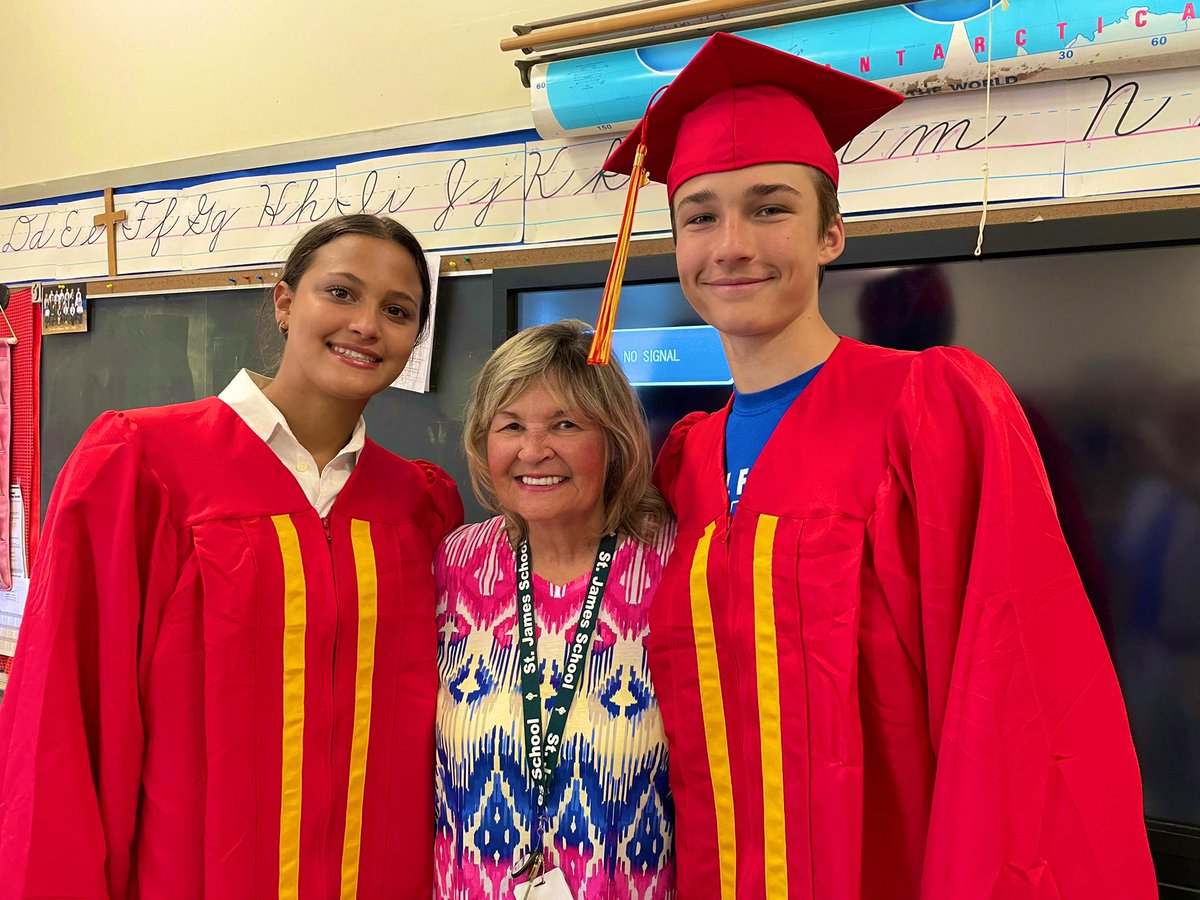 Graduates from Stratford High School who are also St. James alumni visited Mrs. Battaglia and other former teachers.