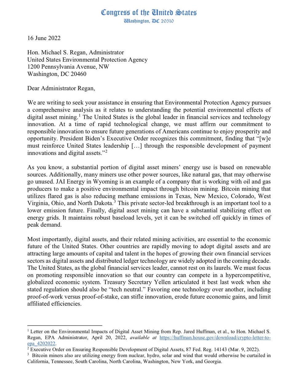 Dennis_Porter_'s tweet photo. BREAKING: 14 members of Congress send letter to the EPA, informing them of the beneficial environmental and financial impacts of #Bitcoin Proof-of-Work mining. https://t.co/LCrZ1nhgd9