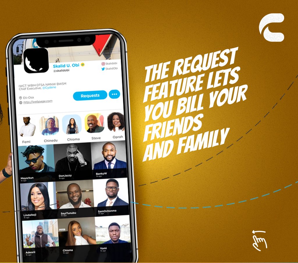 Mbahdeyforyou's tweet photo. The request feature on @CydeneHQ was designed to ask your friends or family to settle your bills right from the app. 

#CydeneExpress https://t.co/n6ZCJJmKh3