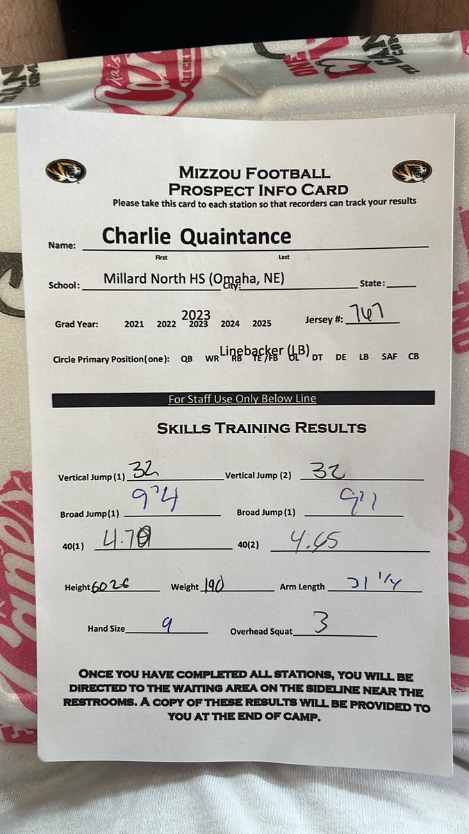 Ran a 4.65 40 and 32 inch vert at the Missouri camp <a href="/MizzouFootball/">Mizzou Football</a> <a href="/CoachErikLink/">erik.link</a>