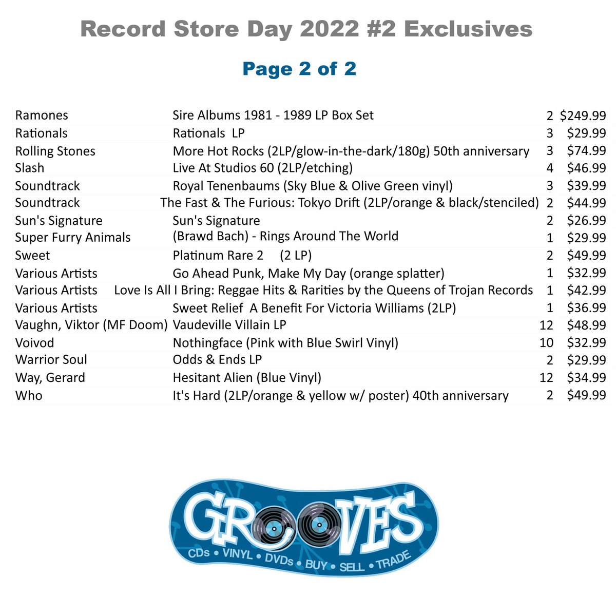 Another Record Store Day is fast approaching! This Sat. June 18th, we will open at 10AM for RSD 2022 Drop 2. No tickets in line, RSD releases will be on the wall, like old times! Here's the list. Happy RSD 2022! 🎶⚫️😃⚫️🎶 #RSD2022 #vinyl #RSD #Grooves
