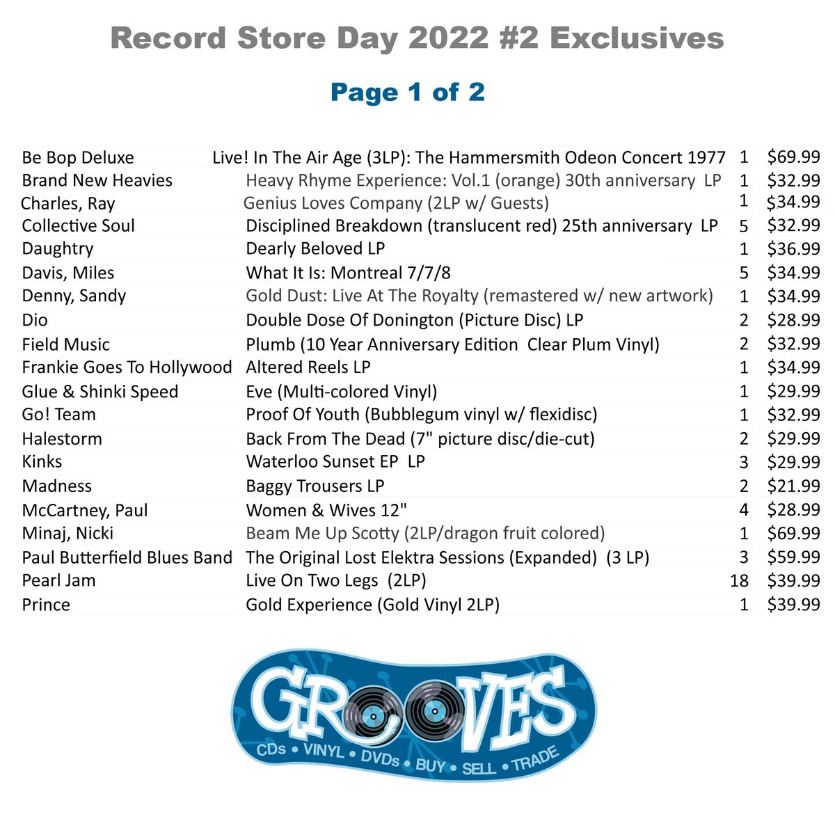 Grooves_Records's tweet image. Another Record Store Day is fast approaching! This Sat. June 18th, we will open at 10AM for RSD 2022 Drop 2. No tickets in line, RSD releases will be on the wall, like old times! Here's the list. Happy RSD 2022! 🎶⚫️😃⚫️🎶 #RSD2022 #vinyl #RSD #Grooves