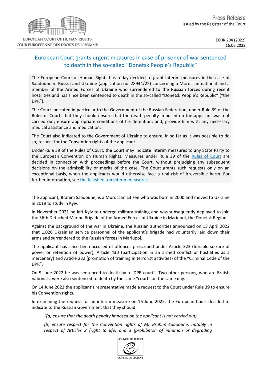 ECHR_CEDH's tweet photo. European Court grants urgent measures in case of prisoner of war sentenced to death in the so-called “Donetsk People’s Republic”
https://t.co/iJzVoZn8Uo
#ECHR #CEDH #ECHRpress https://t.co/rJmkqBfEg4