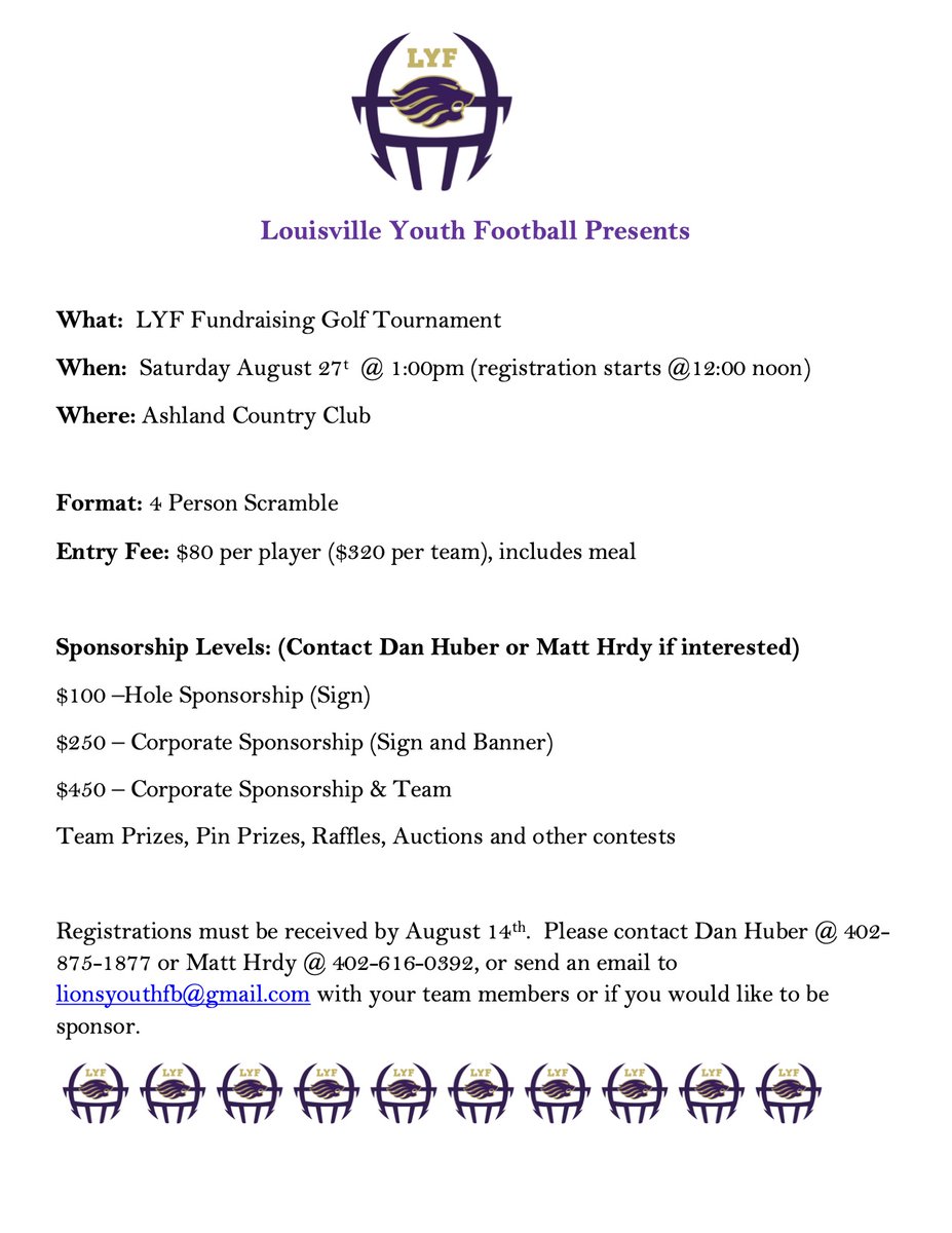 Mark your calendars for our annual LYF Golf Tournament!  Saturday Aug 27th! Details attached..