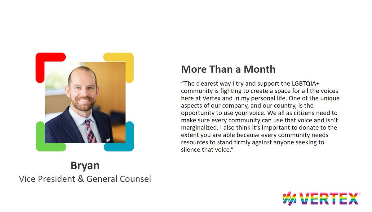 vertexinc's tweet photo. We are keeping the #PrideMonth celebration going &amp; today we are focusing on the importance of creating space for all voices! Vertex General Counsel, @bryanrowland, shares his thoughts on the importance of using your voice to pioneer progress. #LifeAtVertex https://t.co/WEpaX8OvQA